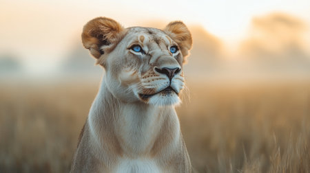 A lioness stands gracefully in golden light, observing the savannah.の素材