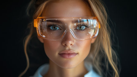 Woman with clear protective goggles gazes intently in a bright scientific workspace.の素材