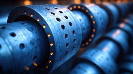 Cylindrical metal pieces with holes catch blue light in a factory, highlighting details.の素材