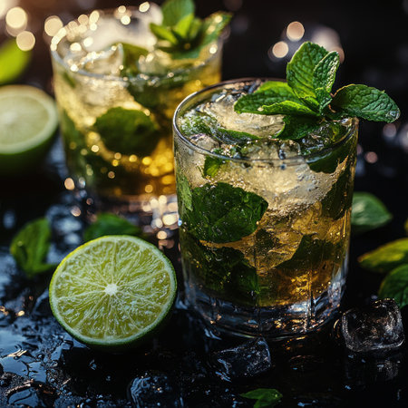 Two cocktails vibrant with mint and lime sit elegantly against a dark backdrop.の素材