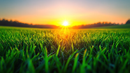 Golden light bursts over lush grass as the day begins, filling the sky with warmth.の素材