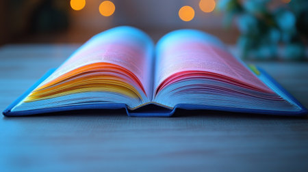 Colorful pages of a book are open, revealing fascinating content in a cozy setting.の素材
