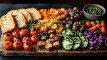 A colorful platter of roasted veggies, bread, and herbs invites sharing.の素材