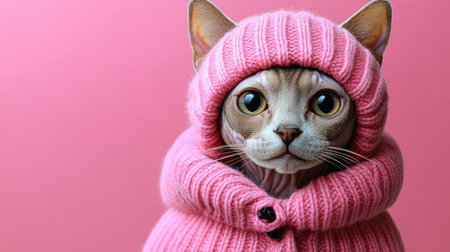A charming cat in a soft pink sweater sits happily, showing its playful nature.の素材