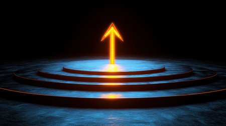 Bright orange arrow glows over lit steps, providing a vibrant contrast in the dark.の素材