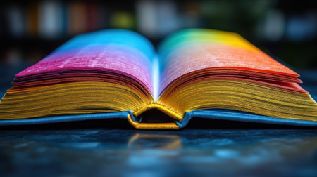 A beautifully crafted book opens to reveal colorful pages, creating a cozy, inviting feel.の素材