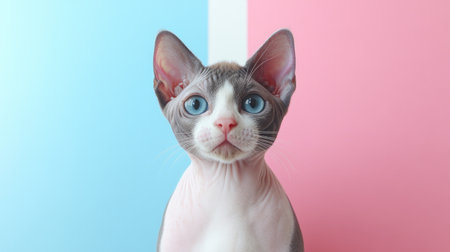 A charming cat with blue eyes sits between bright pink and blue colors, looking curious.の素材