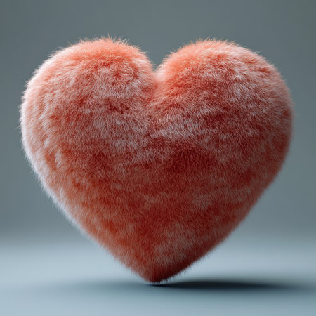 A fuzzy heart sculpture in warm colors glows against a soft backdrop.の素材