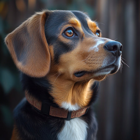 A beagle dog looks up with curiosity and calmness in a peaceful backyard.の素材