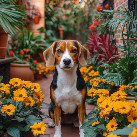 A beagle sits proudly among blooming yellow flowers in a colorful garden.の素材