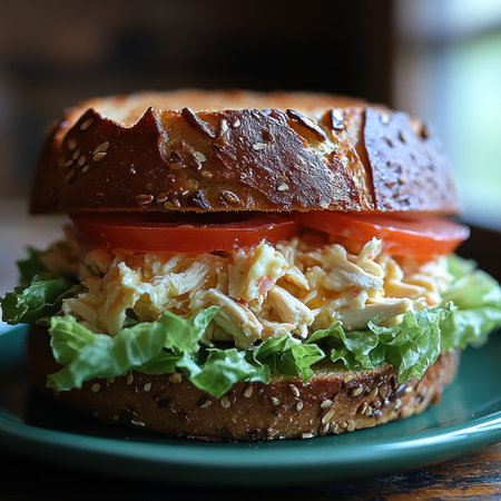 A fresh chicken sandwich with lettuce and tomatoes on a sesame bun.の素材