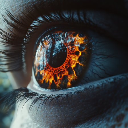 An intense eye reflects stunning colors of a mystical forest.の素材