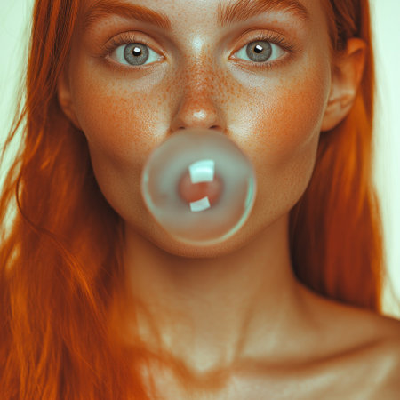 A girl with striking red hair is blowing a large bubble, showing her playful spirit.の素材