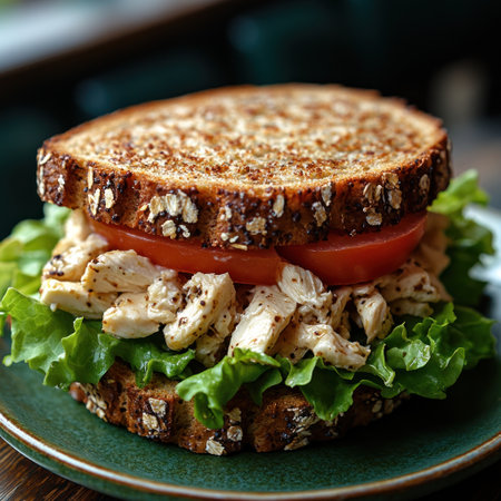 A tasty sandwich with chicken, crisp lettuce, and tomato on toasted oat bread.の素材