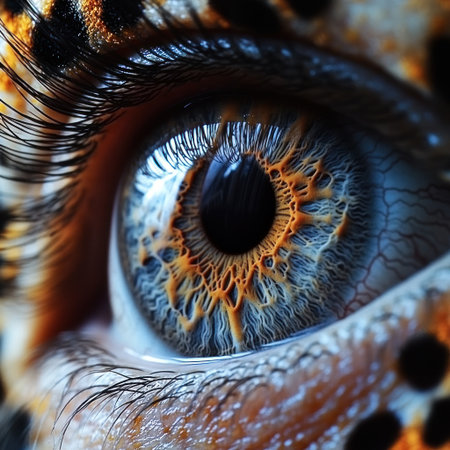 Bright patterns swirl in the iris, echoing the beauty of wildlife in a mesmerizing gaze.の素材