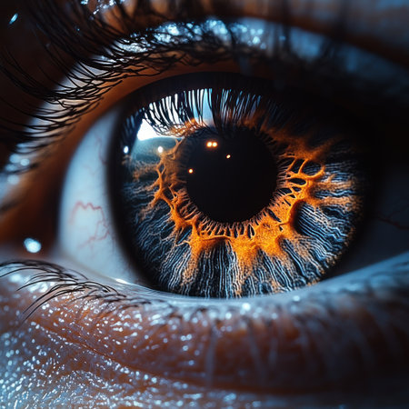 A mesmerizing close up reveals the vibrant colors and intricate patterns in a human eye.の素材