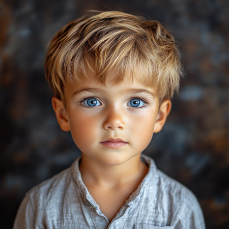 A young boy with bright blue eyes wears a simple light shirt, lost in thought.の素材