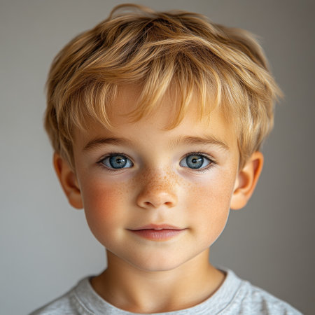 Blonde haired boy with blue eyes smiles warmly at the viewer.の素材