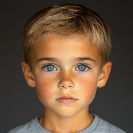 A young boy stands still, showing his freckles and bright blue eyes, exuding innocence.の素材