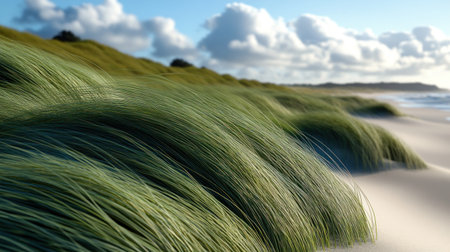Soft green grass dances in the breeze near a tranquil shoreline on a sunny day.の素材