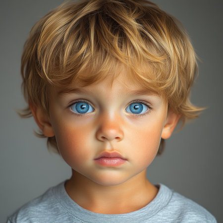 A young child with blue eyes gazes thoughtfully at the viewer.の素材