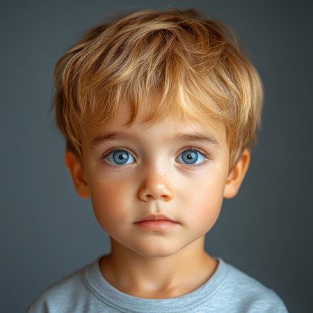 A blonde child with blue eyes curiously gazes at the viewer, capturing attention.の素材