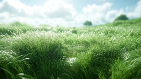 Soft grass dances in the breeze under a sunny blue sky filled with fluffy clouds.の素材
