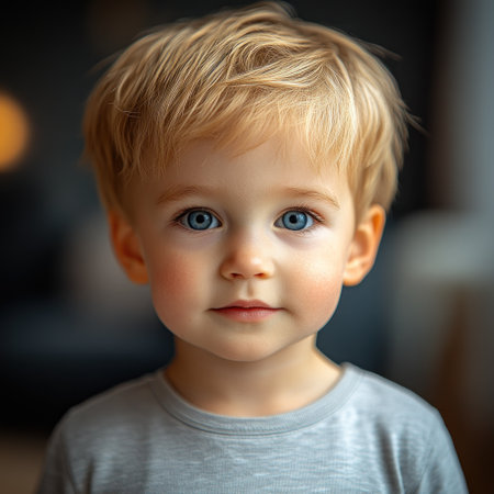 Bright and cheerful young boy stands in soft light with a sweet expression on his face.の素材