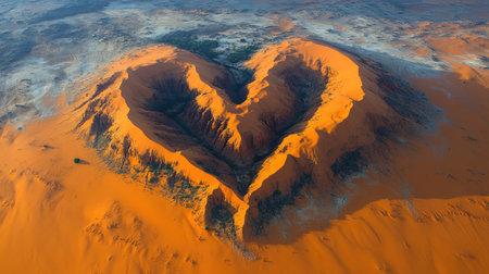 A beautiful heart shaped formation rises amid vast orange sands.の素材