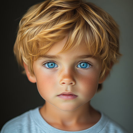 A young boy gazes intently with bright blue eyes and soft, wavy hair in gentle light.の素材