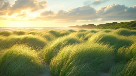 Lush green grass dances in the breeze at the beach during a tranquil sunrise.の素材