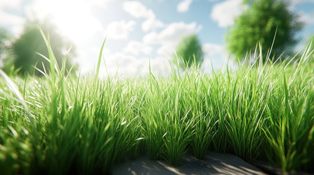 Vibrant grass dances in the sunlight, creating a tranquil and serene atmosphere.の素材