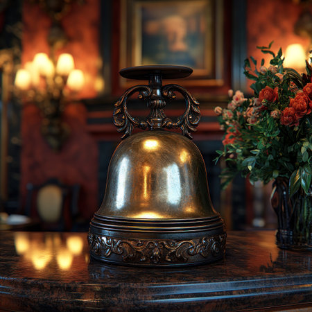 Brass bell shines on a richly decorated table surrounded by beautiful flowers.の素材