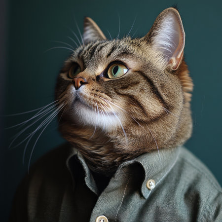 A stylish cat stands elegantly, showing its unique outfit and playful expression.の素材