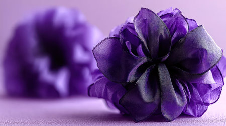 Soft purple flowers with black edges elegantly resting on a lilac surface.の素材