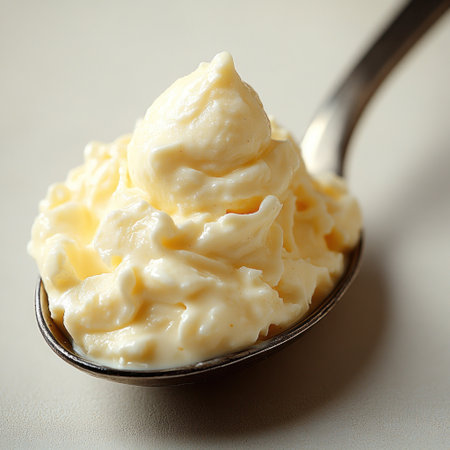 Creamy mayonnaise elegantly rests on a silver spoon, showing its silky texture.の素材