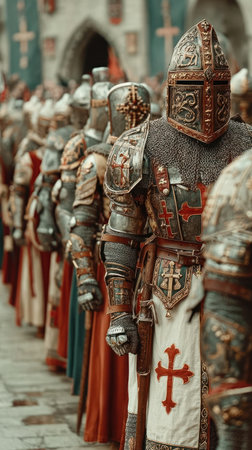 Knights clad in shining armor line up for a grand procession at a historical festival.の素材