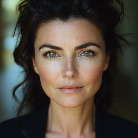 A woman with bright green eyes exudes confidence and grace in warm light.の素材