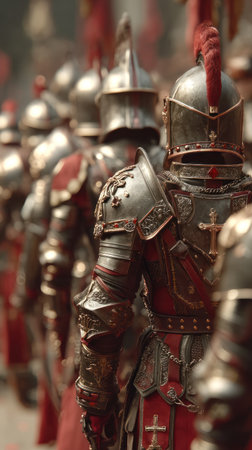 Knights in ornate armor stand ready, showcasing craftsmanship and loyalty at a festival.の素材