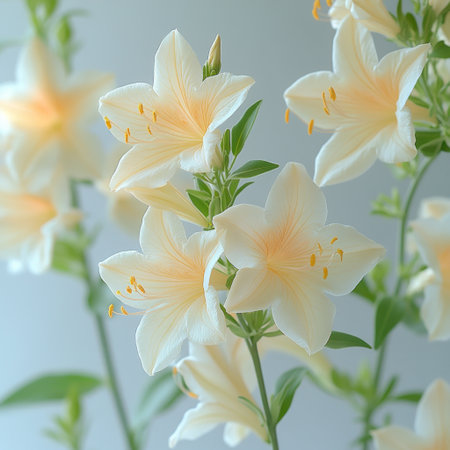 Soft white lilies open their petals, bringing beauty and calm to the quiet room.の素材