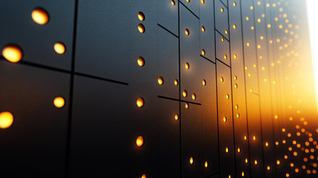 Warm sunset light filters through a wall, creating intriguing shapes and shadows.の素材