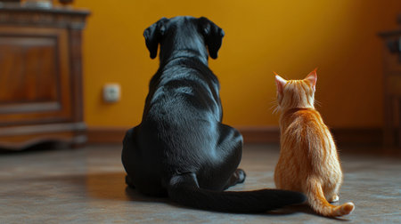 A black dog and an orange cat sit together, watching the world from home.の素材