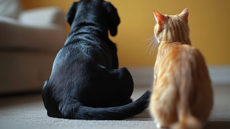 A black dog and an orange cat sit side by side, sharing a calm moment indoors.の素材