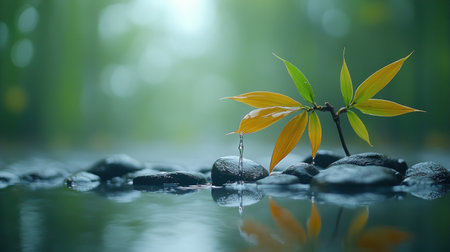 Colorful leaves drop gentle droplets onto smooth stones by still water.の素材