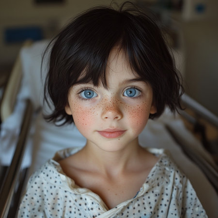 A freckled child with bright blue eyes rests thoughtfully in a hospital bed.の素材