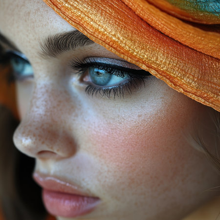 A young woman showcases her radiant blue eyes and colorful headwrap in soft sunlight.の素材