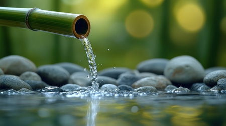 Water flows from a bamboo spout into a calm pool of stones under soft sunlight.の素材