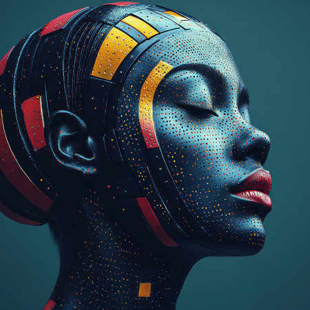 A striking model displays captivating face art with bold colors and unique patterns.の素材