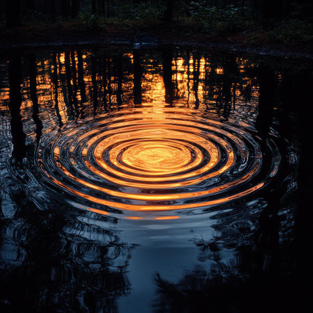 Ripples spread through calm water as the sunset colors the serene forest.の素材