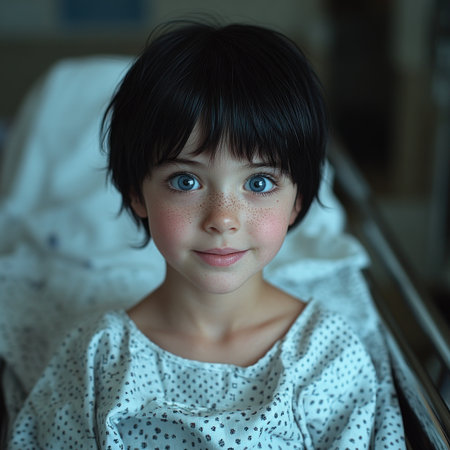 Child in a hospital bed, smiling brightly, full of joy and strength.の素材